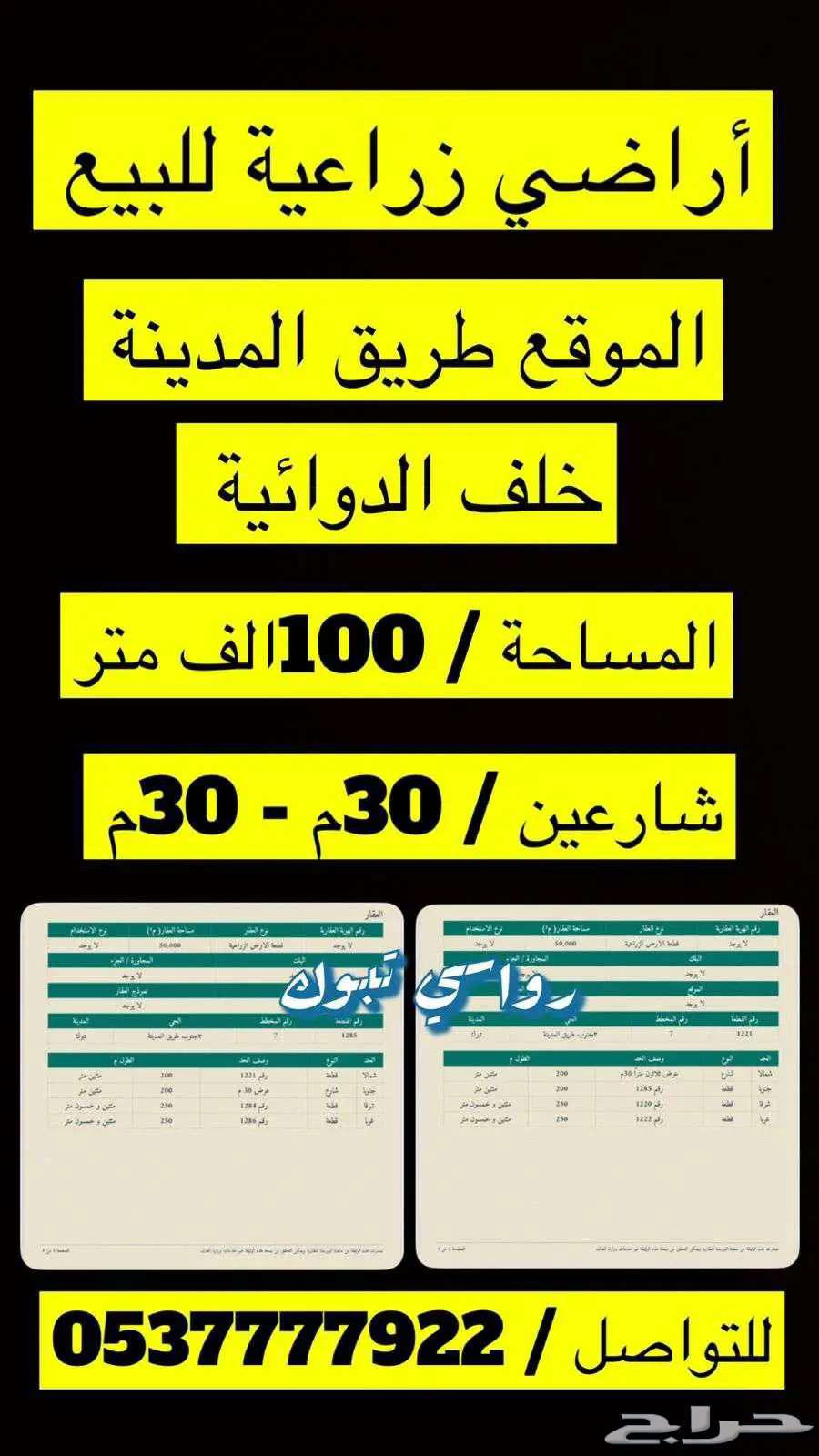 Farm for sale, two streets 30m-30m, behind the pharmacy Tabuk (100 thousand square meters)629296658823691118