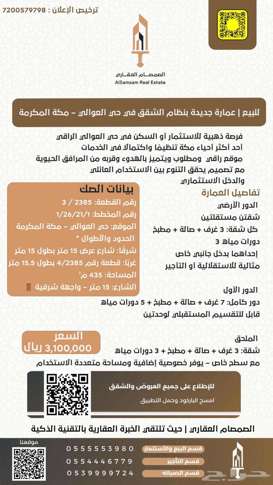 للبيع  عمارة جديدة بنظام الشقق حي العوالي مكة المكرمة63352178324737111