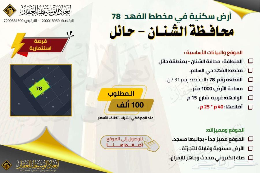 ارض سكنية للبيع في مخطط الفهد في حي السلام في الشنان في حائل62995398743041114