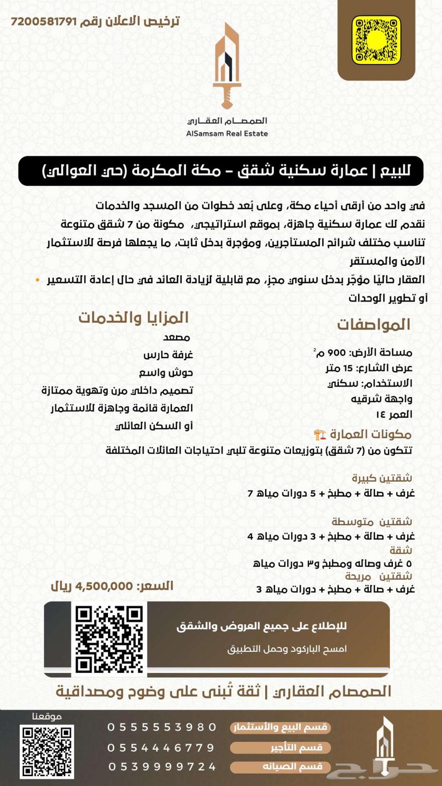 للبيع عمارة سكنية شقق مكة المكرمة حي العوالي مكة المكرمة63380117216001111