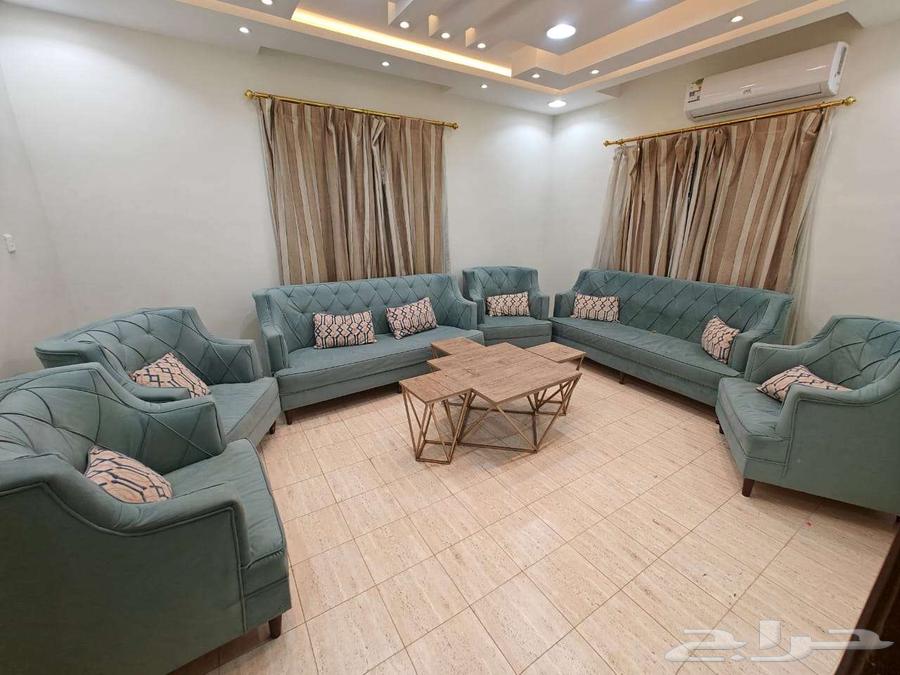 Turquoise sofa with 3 service tables and curtains63712037686018112