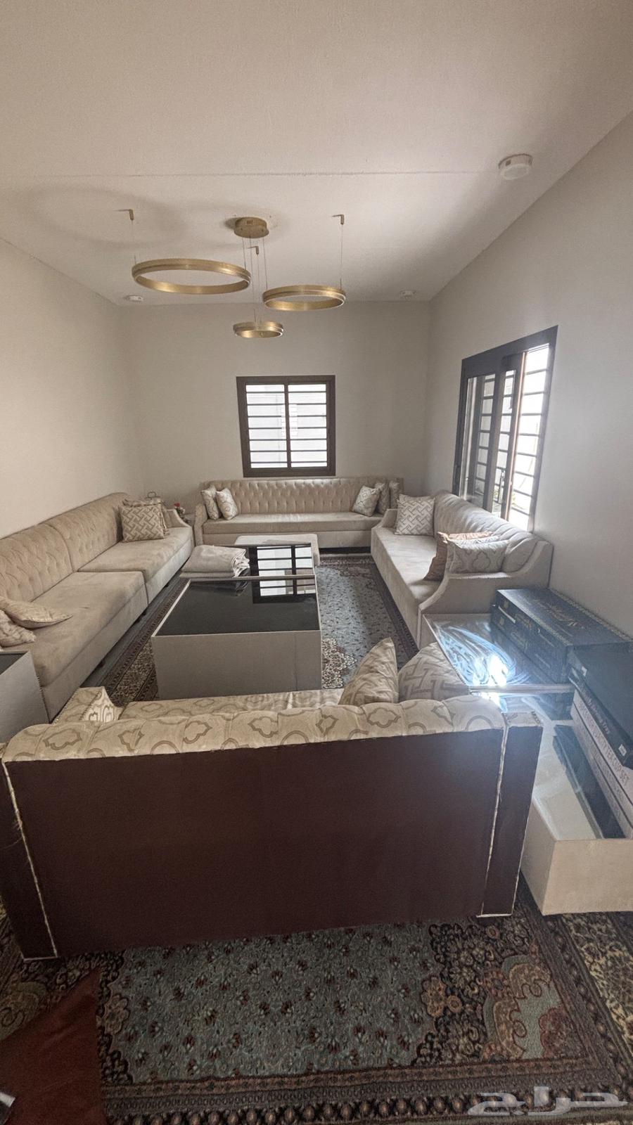 Beige sofa with six tables64213380312705112