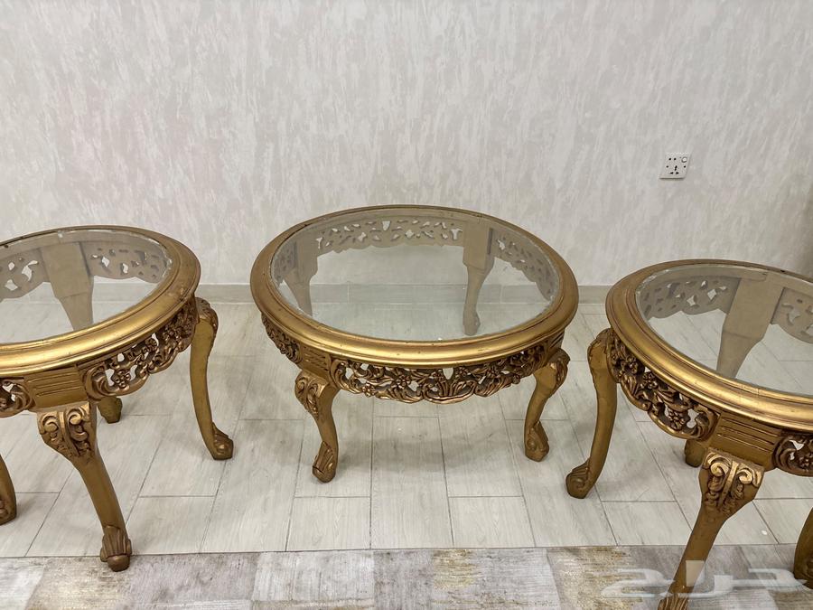 Three wooden tables in golden color (used)64358526617986111