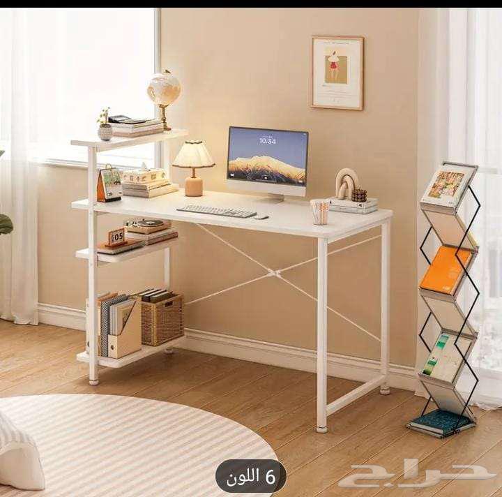 مكتب كمبيوتر عصري من خشب والألمنيوم الابيض مع 4ارفف64454040918657114