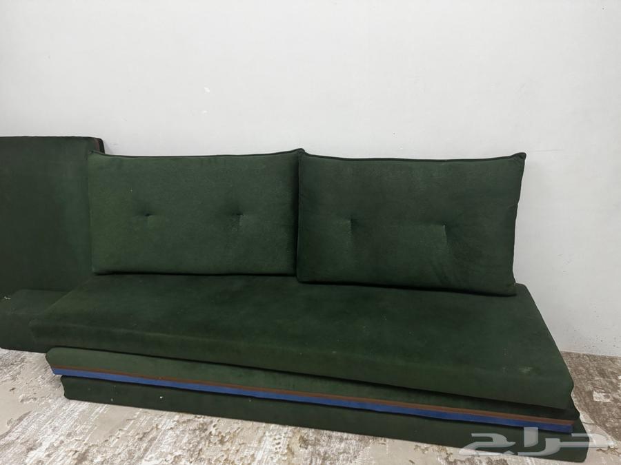 Olive-colored floor cushion, golden floor table, main table and 4 side tables64514306735874111