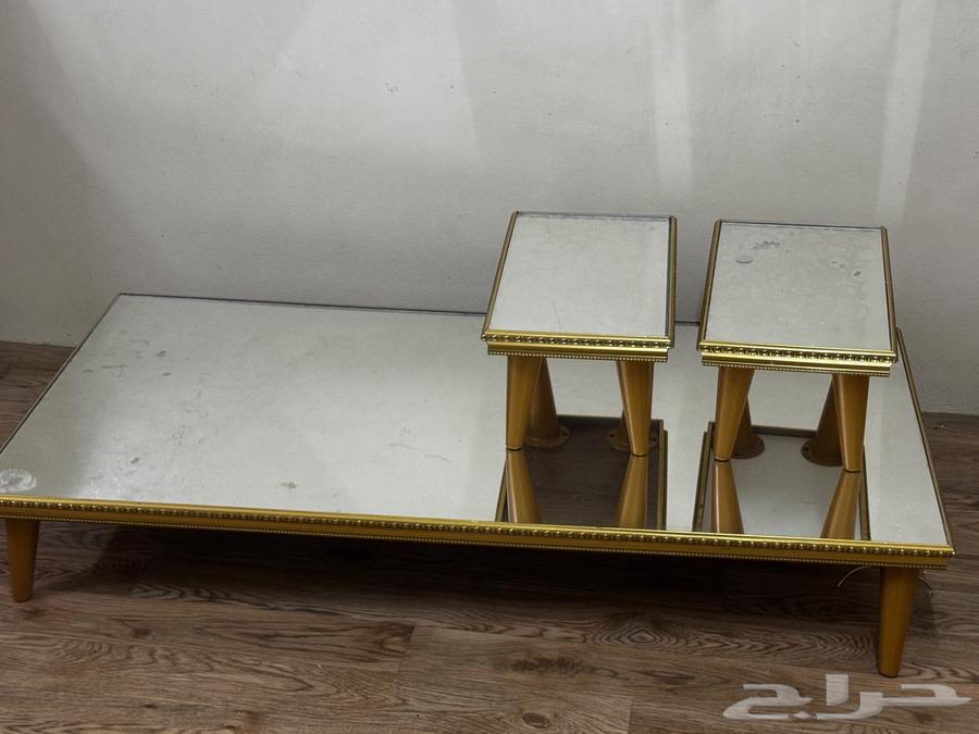 Olive-colored floor cushion, golden floor table, main table and 4 side tables64514306735874110