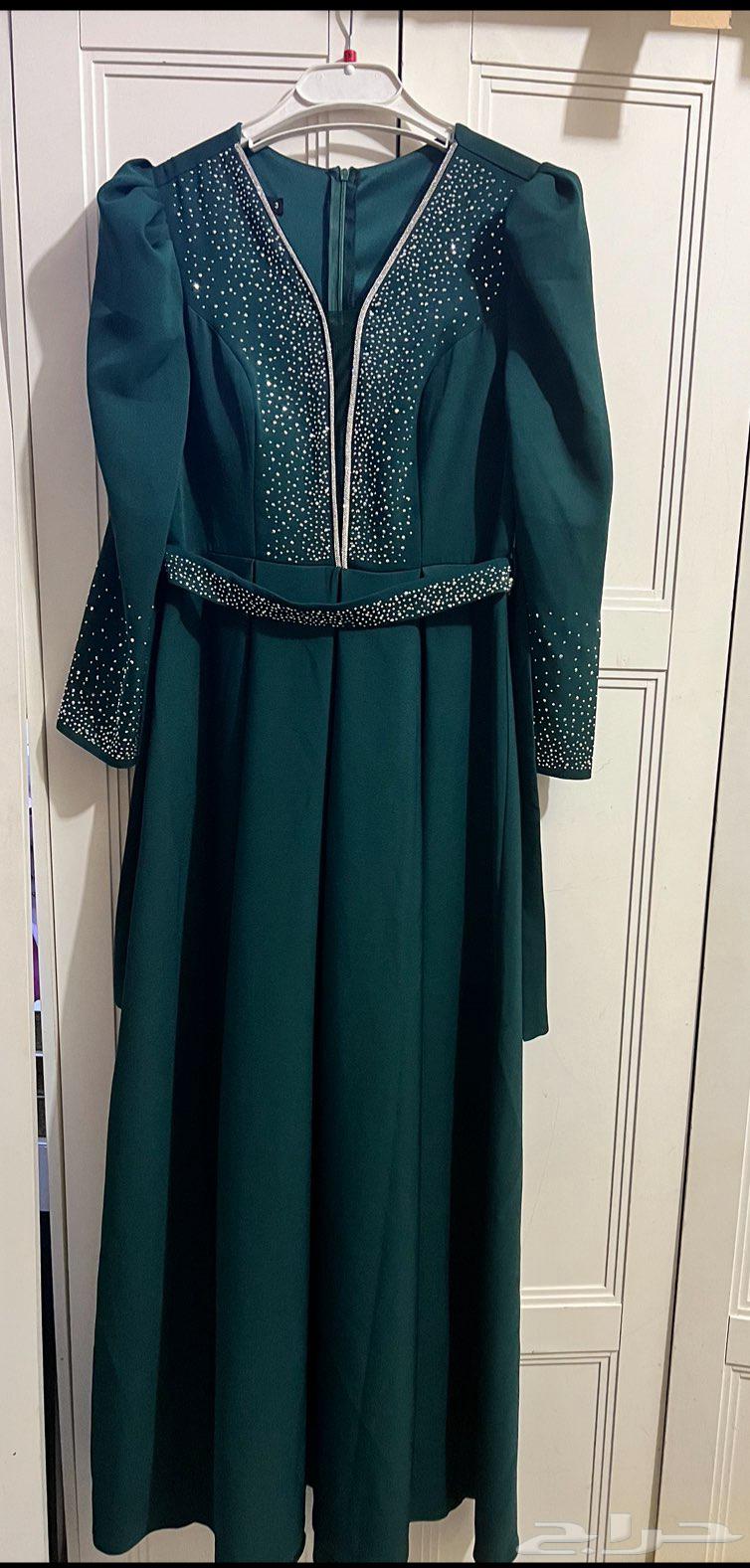 فستان اخضر ملكي فخم طويل بكم مع حزام64559492183682113