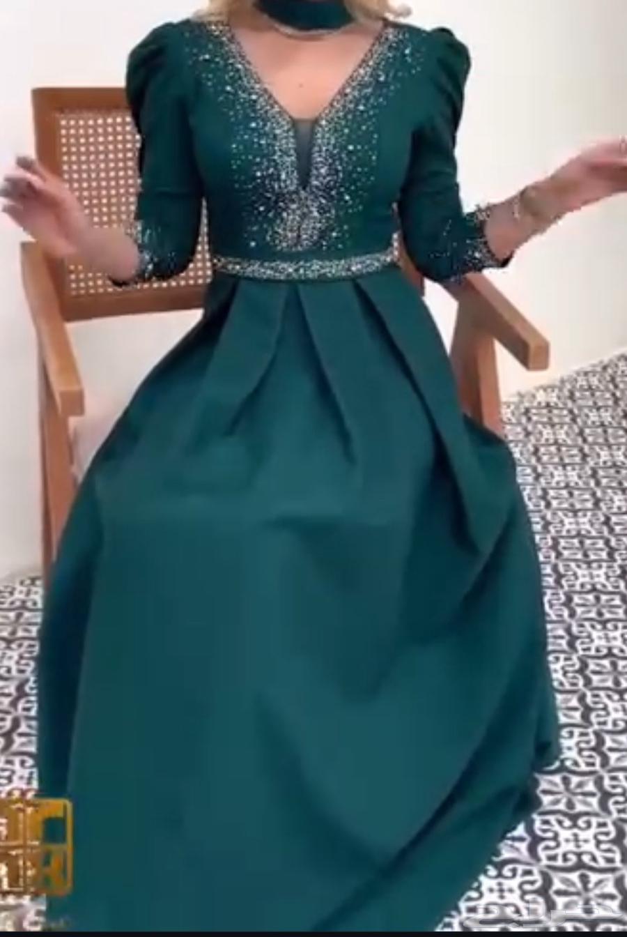 فستان اخضر ملكي فخم طويل بكم مع حزام64559492183682111