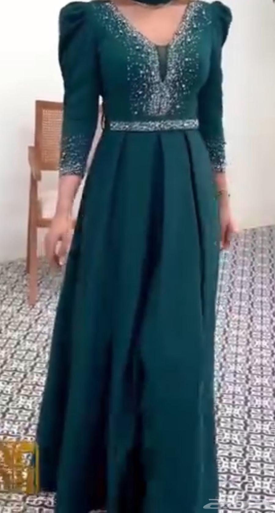 فستان اخضر ملكي فخم طويل بكم مع حزام64559492183682110